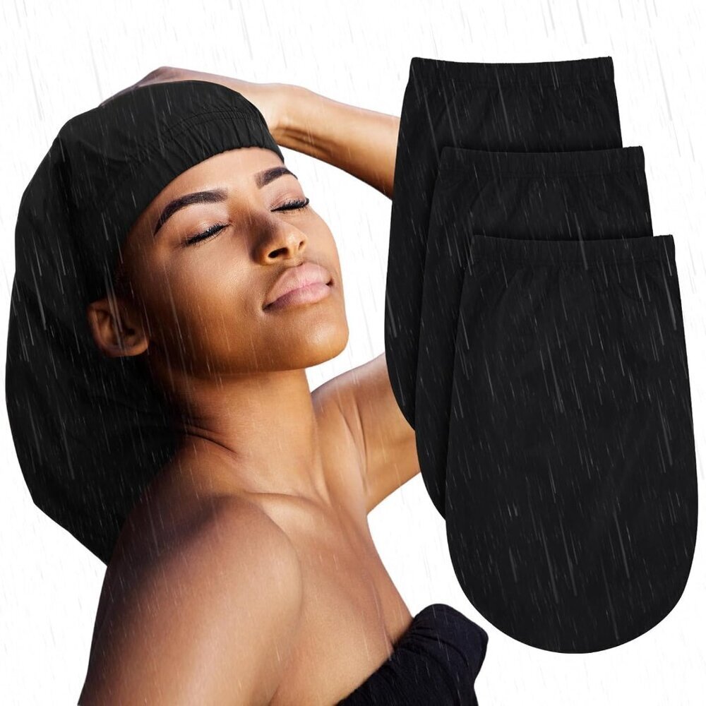 Dreadlock Rain Cap Waterproof Long Hair Bonnet for Men Women Black 3pcs